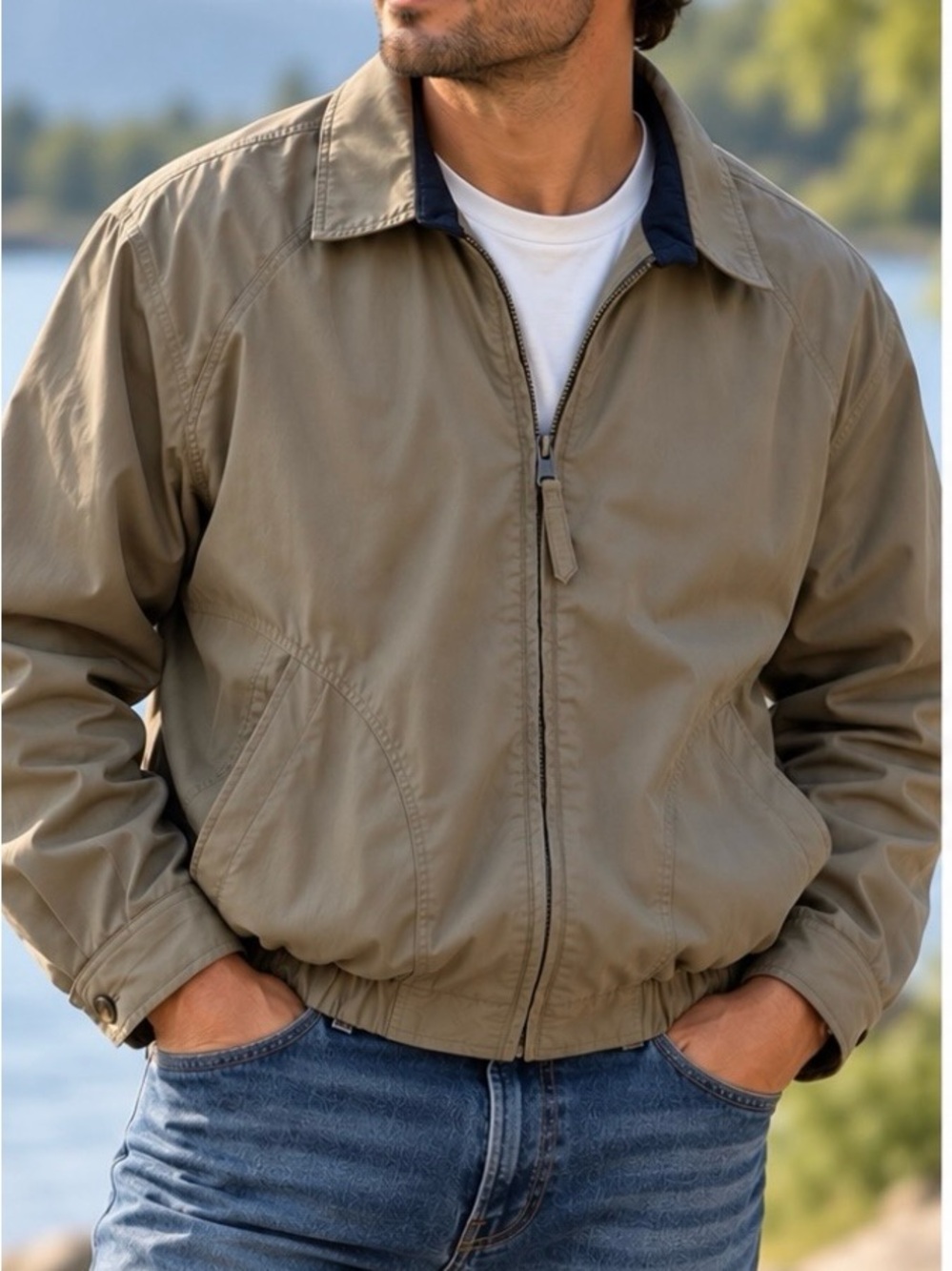 Roundtree & Yorke Men's Khaki Bomber Jacket with Navy Trim